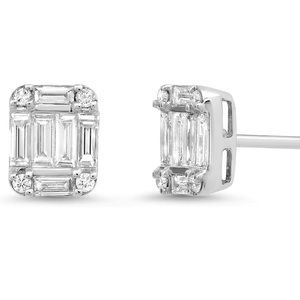 Diamond Baguette Cluster Illusion Stud Earrings